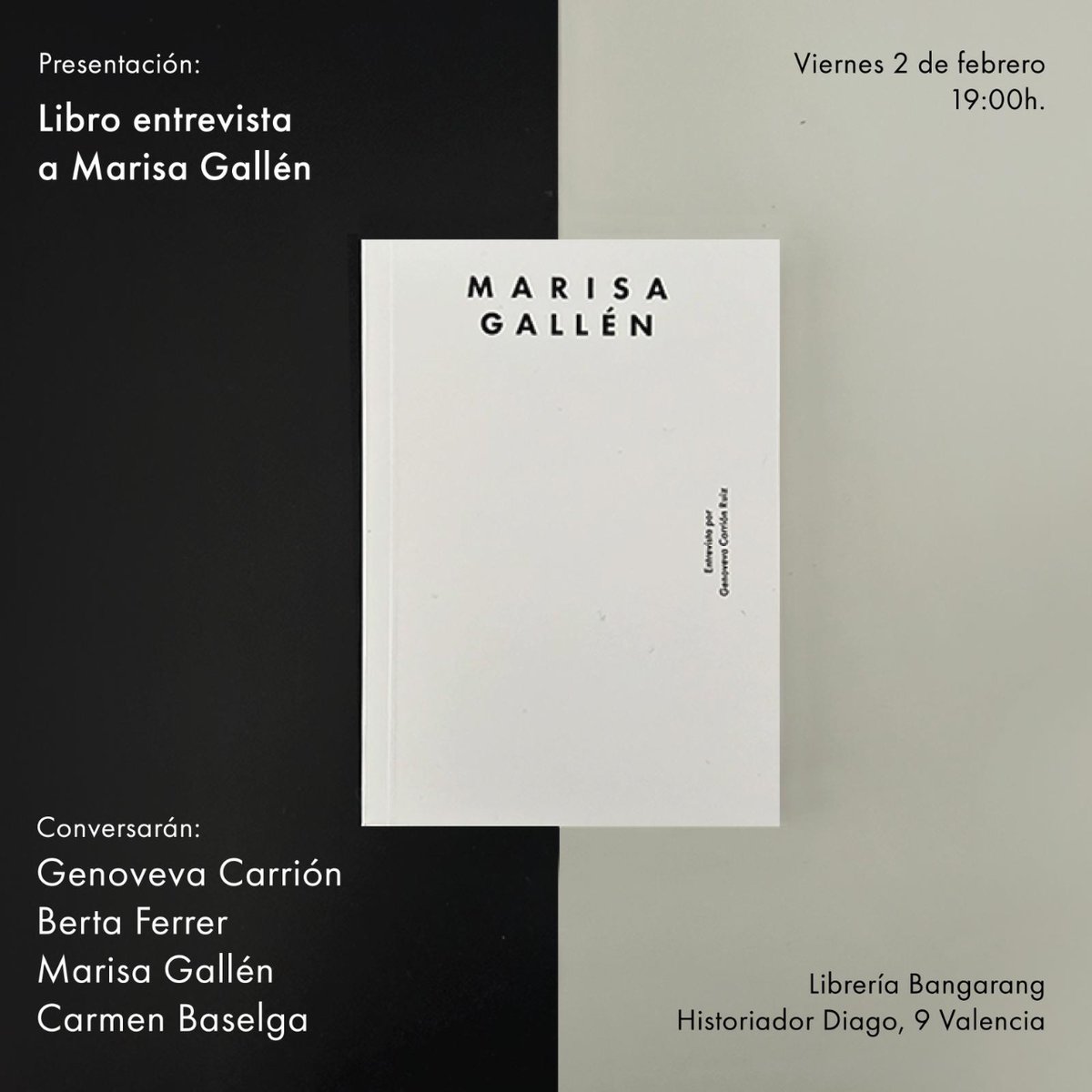 El viernes 2 de febrero a las 19h @Genoveva Carrión y Berta Ferrer presentan el libro Entrevistas a Marisa Gallén (Premio Nacional de Innovación y Diseño 2019). En la presentación intervendrán además la propia Marisa Gallén y la diseñadora Carmen Baselga.