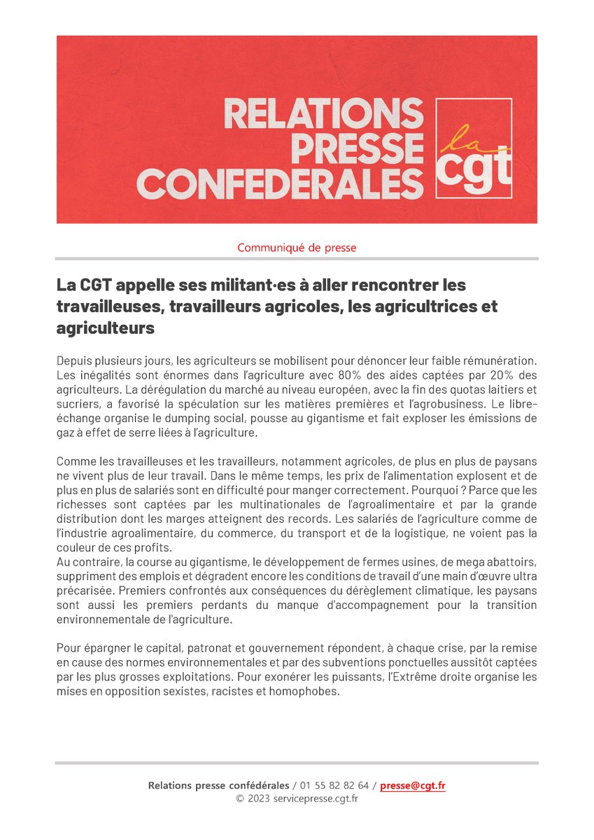 lacgtcommunique's tweet photo. 🚜 La CGT appelle ses militant·es, partout où c’est possible, à créer les conditions permettant de faire converger les revendications des salarié·es, des travailleuses et des travailleurs agricoles et des agricultrices et des agriculteurs.

Communiqué :
🔗 https://t.co/KOc2u20nZ5 https://t.co/yQtNzrch8K