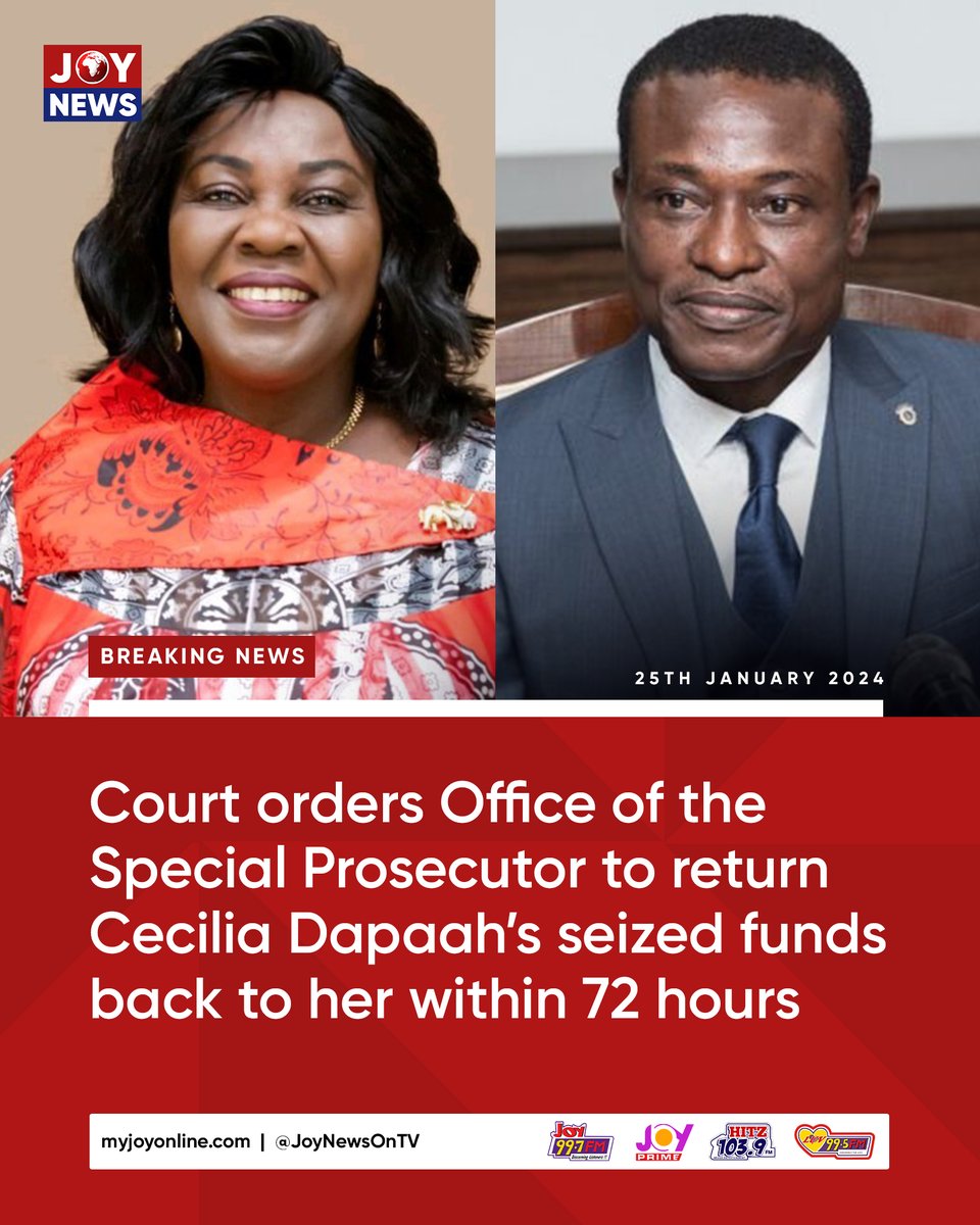 JoyNewsOnTV's tweet photo. Breaking!

Court orders Office of the Special Prosecutor to return Cecilia Dapaah’s seized funds back to her within 72 hours

#JoyNews https://t.co/OJbUzITciA