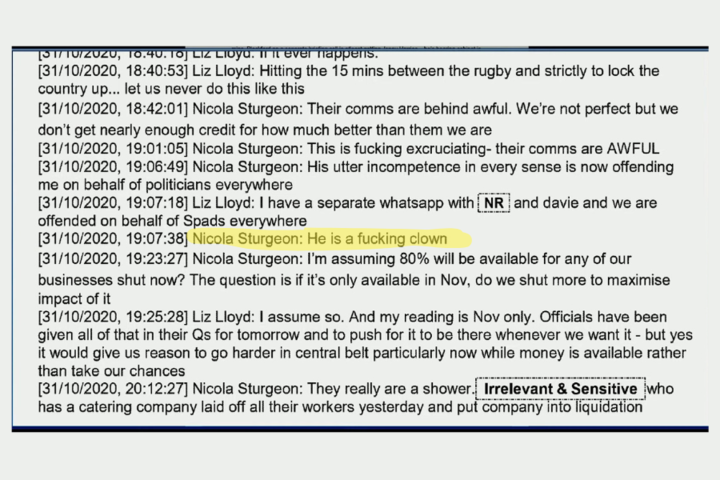 ScotNational's tweet photo. NEW: Nicola Sturgeon described Boris Johnson as a 'f****** clown' in WhatsApp messages sent to her then chief of staff Liz Lloyd.

She also said his 'utter incompetence' was 'offending me on behalf of politicians everywhere'. https://t.co/Hg2G4sW31N