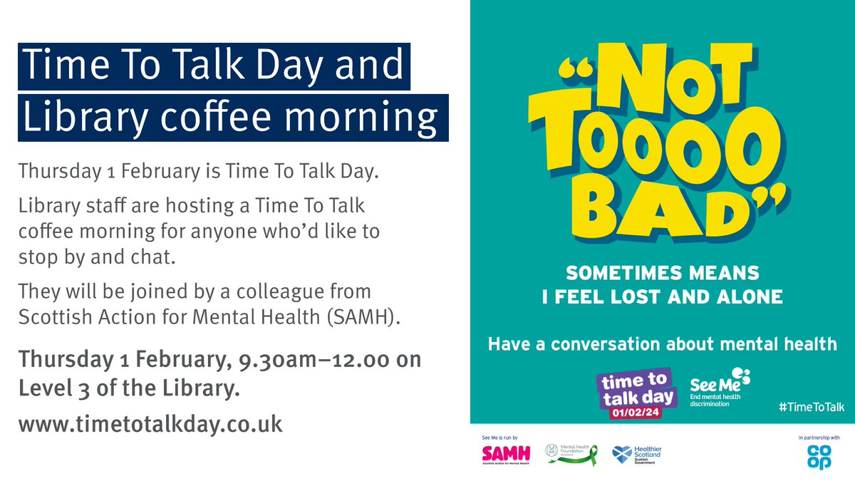 Next Thursday is #TimeToTalk Day and we'll be hosting a free coffee morning in the Library. Students and staff are welcome to stop by for a chat. There's no need to book. Thursday 1 February from 9.30am until 12.00. More details at: strath-ac.libcal.com/event/4167228