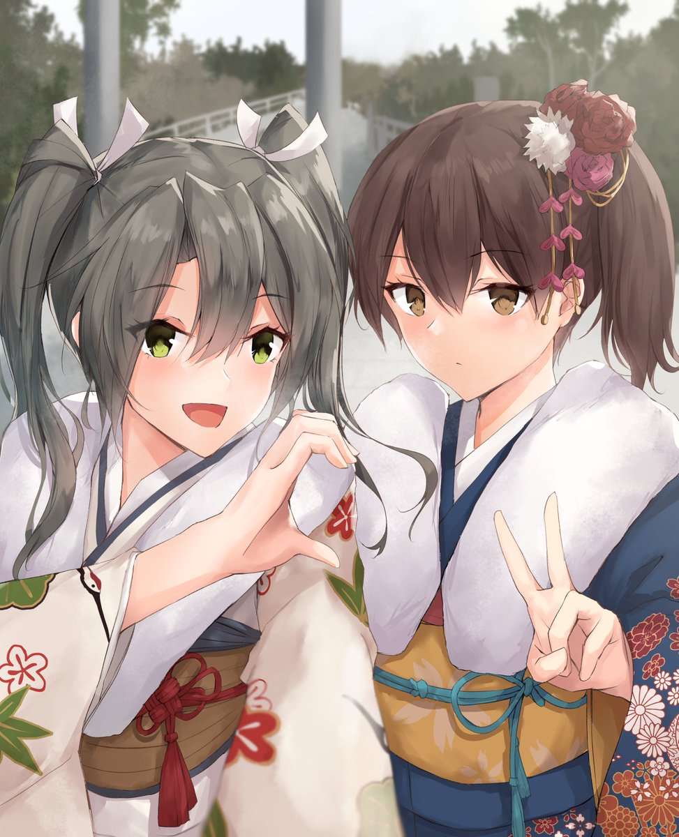 kaga (kancolle) ,zuikaku (kancolle) multiple girls japanese clothes 2girls kimono twintails long hair green eyes  illustration images
