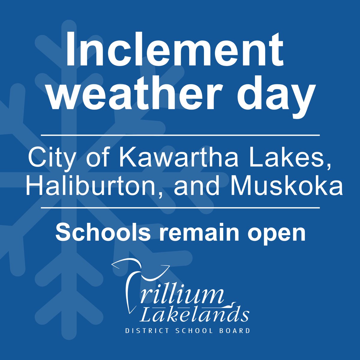 (1/2) Due to poor road conditions, transportation to schools is not operating in the City of Kawartha Lakes, Haliburton, and Muskoka today, Thursday, January 25. Schools remain open and learning opportunities will continue for students who are able to safely attend in-person.