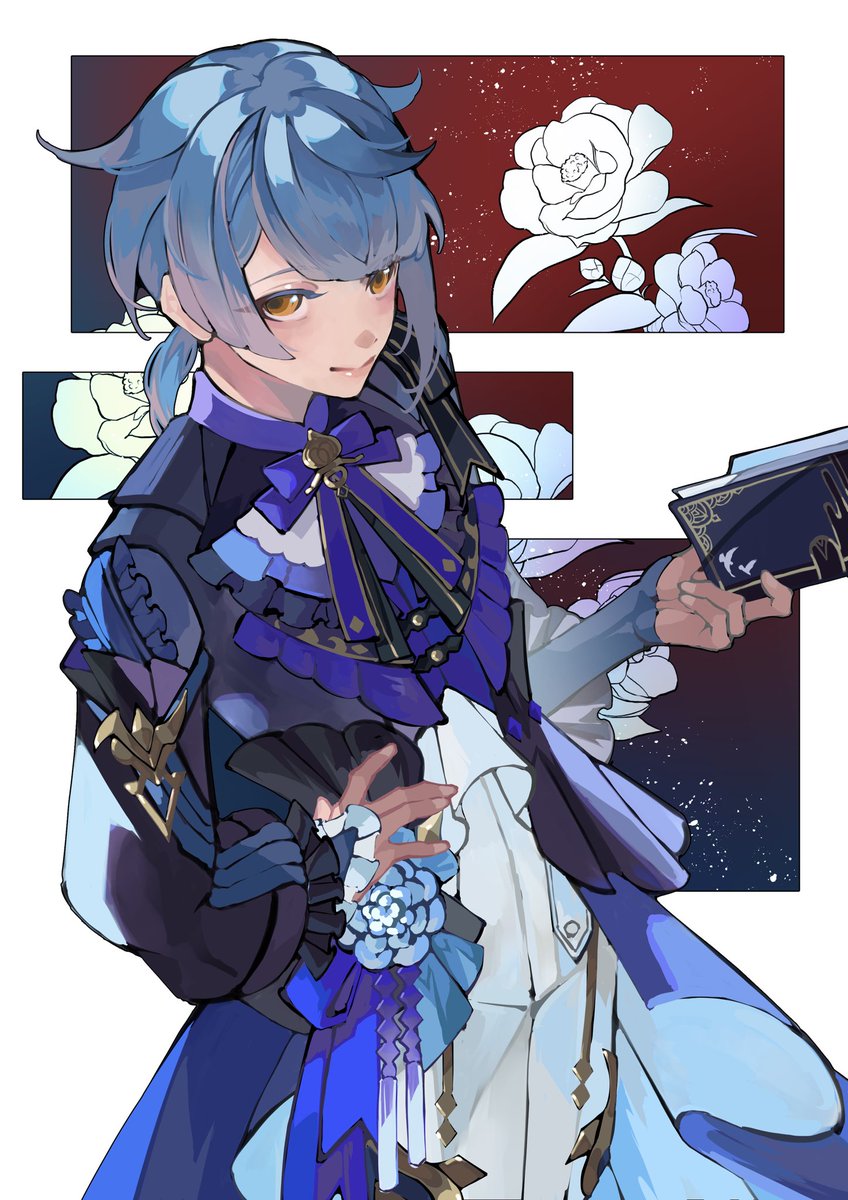 xingqiu (genshin impact) 1boy male focus holding book book blue hair holding solo  illustration images