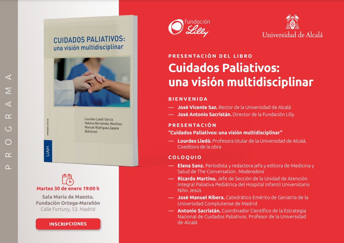 FundacionLilly's tweet photo. El 30/1 la @UAHes y la Fundación Lilly presentamos “Cuidados Paliativos: una visión multidisciplinar”, obra que cuenta con la experiencia y opinión de cerca de 50 profesionales de una gran cantidad de disciplinas que intervienen en #CuidadosPaliativos.

ℹ️ https://t.co/MUv2TXV2WM https://t.co/DP9JRzoiYq