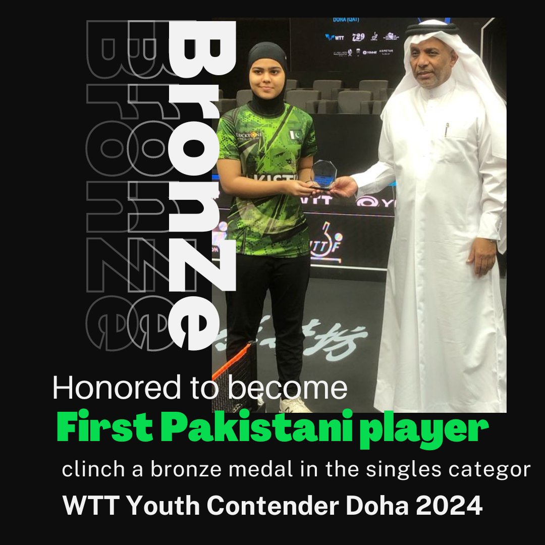 FawadHoor's tweet photo. Alhamdulillah for this historic moment!  I'm thrilled to share that I've clinched the bronze medal in the singles category at WTT Youth Contender Doha 2024 Grateful for the support and proud to be the first Pakistani player to achieve this in a WTT Singles This one's for Pakistan https://t.co/Rphk7dMpyC