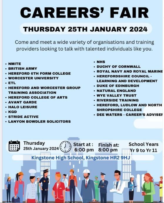 KingstoneHigh's tweet photo. Careers’ Fair tonight! Start time 18:00. Years 9,10 &amp; 11. 
Come and meet a wide variety of organisations and training providers looking to talk with talented individuals. https://t.co/eBM6GxJLX8
