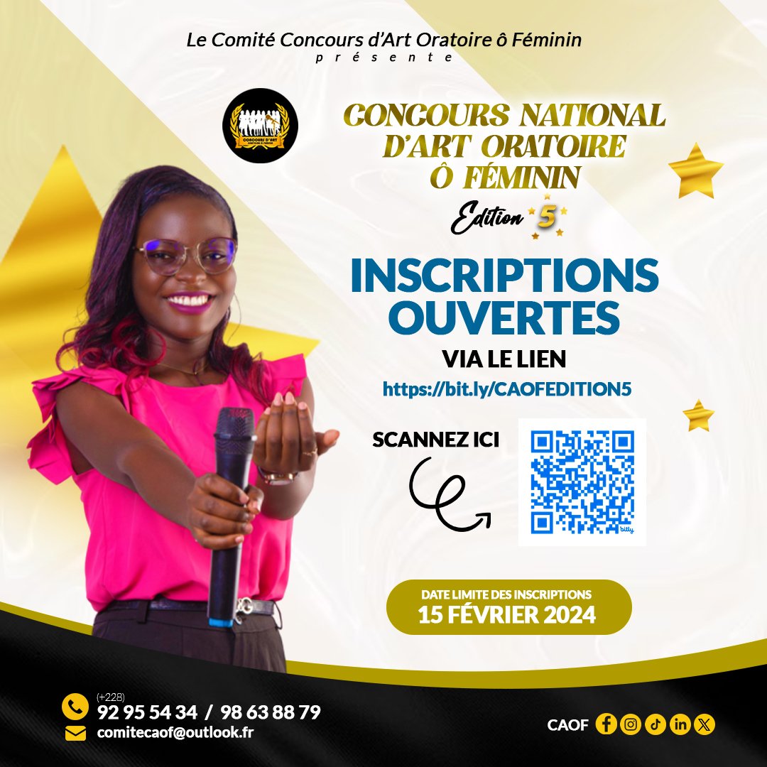 CaofTogo's tweet photo. Ça repart !💥💥💥
Les inscriptions à la 5ième édition de l'aventure CAOF vont du 25 janvier au 15 février 2024.
Le lien est déjà disponible.
https://t.co/owuXXIiVzB
Faites partie de l'aventure et écrivons l'histoire de la 5è édition avec passion et dévotion.
#TgTwittos #caof https://t.co/TBQyRlh4iR