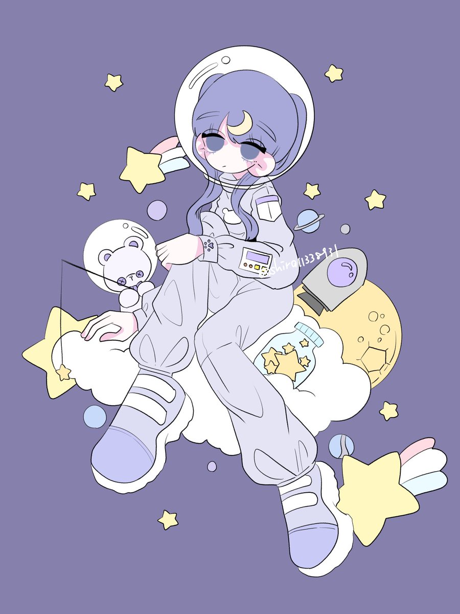 1girl solo crescent star (symbol) space helmet planet moon  illustration images