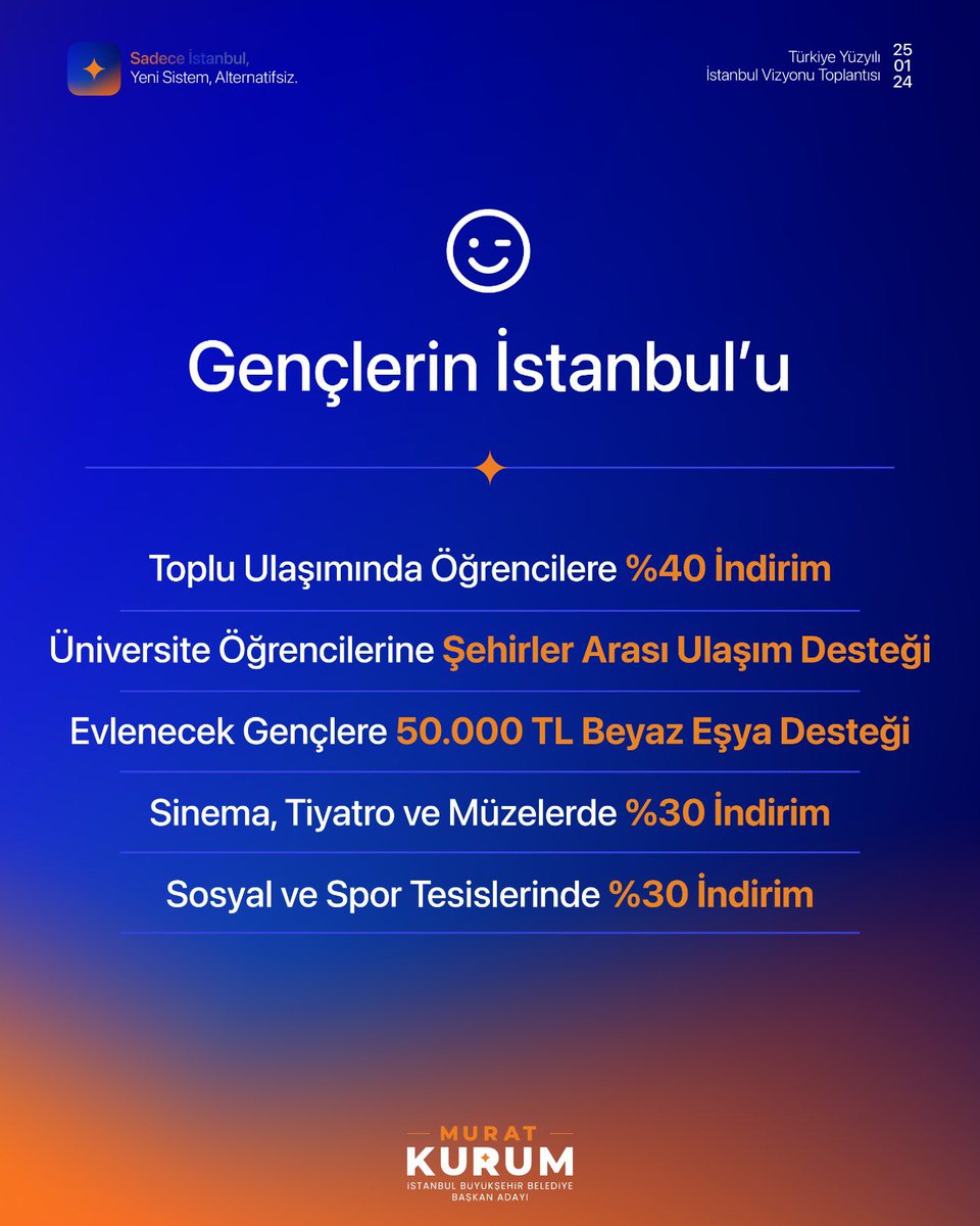 İstanbul yeniden gençlerin şehri olacak.

Şu an hukuksuzca İBB yönetimi tarafından engellenen ulaşımda %40 indirim hakkını yeniden tanıyor; şehirler arası seyahat, evlenecek gençlere beyaz eşya desteği ile sinema, tiyatro, müze, sosyal ve  spor tesislerinde %30 indirim