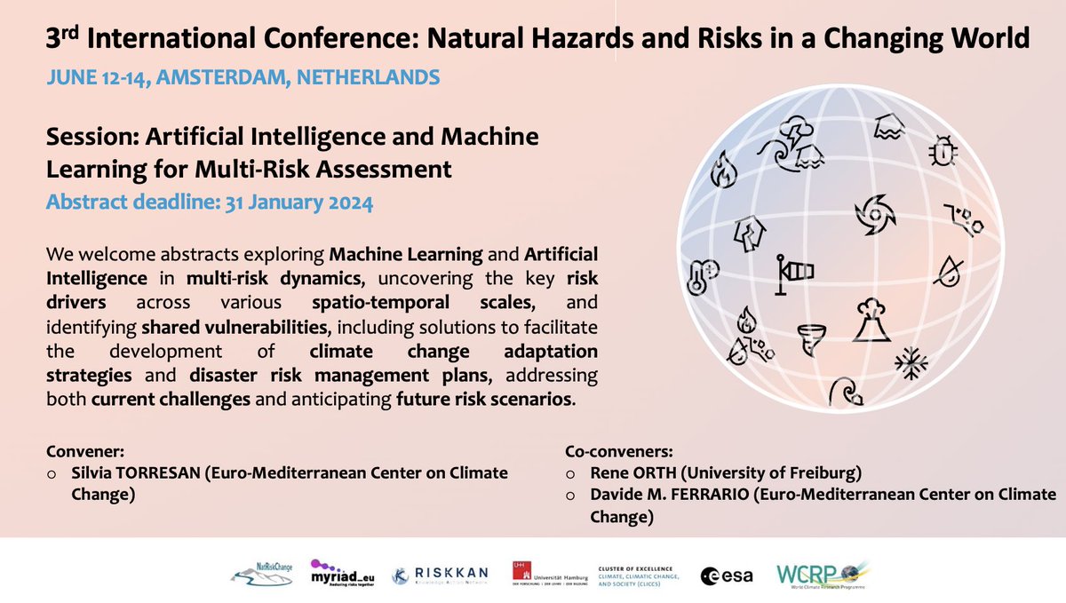 Working on #AI and #MultiRisk? Consider submitting your abstract to our “AI and ML for Multi-Risk Assessment” session at the 3rd Conference on Natural Hazards and Risks in a Changing World! 

📅 Submission deadline: 31 January 2024
➡️ changingworldrisks2024.eu