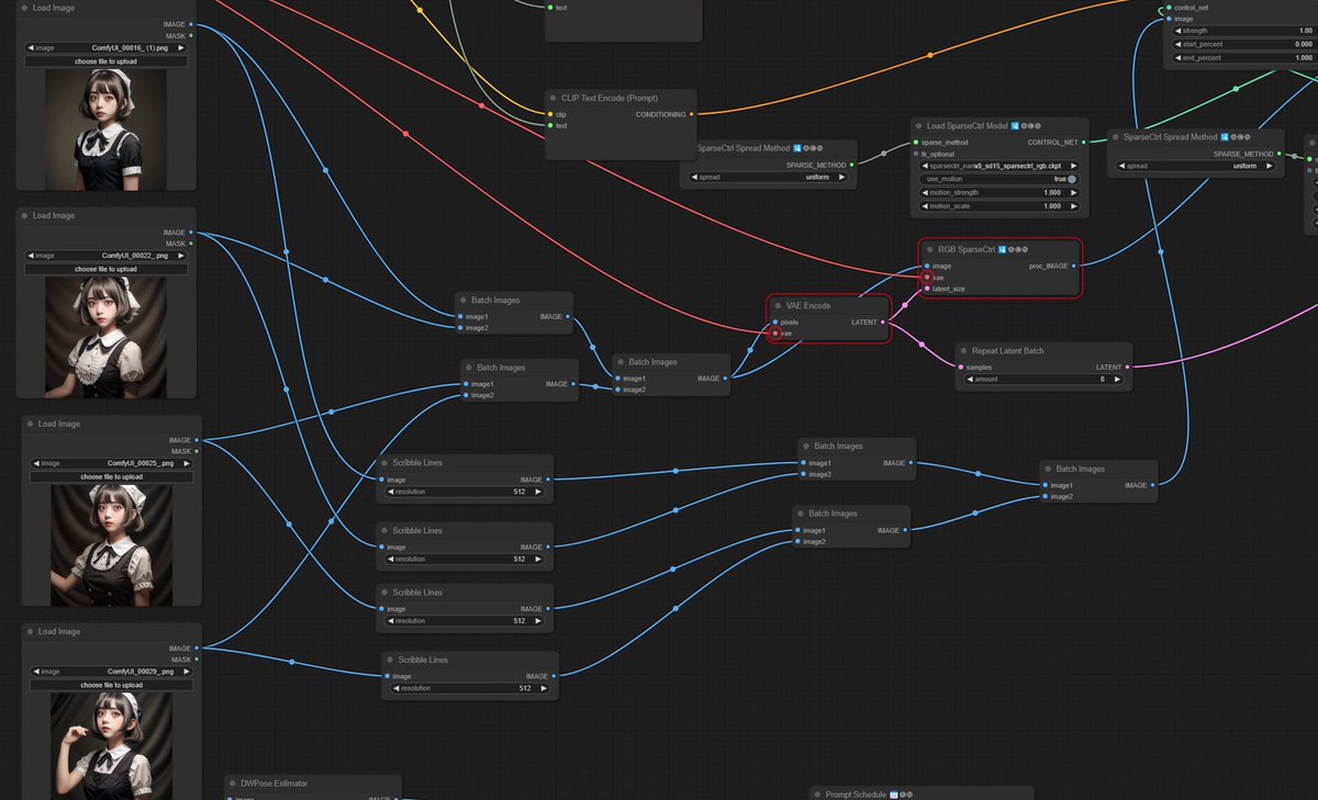hanagasa_ai's tweet image. t2i+OpenPoseの写実4枚を
SparseCtrlを使って中割りして、アニメ化するテスト
Batch Imageでタコ脚配線してるのが泣けますね（多分ディレクトリ指定系ロードするのが正解）
#ComfyUI #AnimateDiff