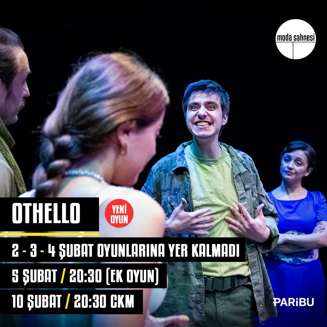 Othello 2-3-4 Şubat oyunlarına yer kalmadı. 5 Şubat, 20.30 (Ek Oyun) 10 Şubat, 20.30 - CKM @canercindoruk @ilayerkok @k_aydogan Bilet almak için🔻 biletinial.com/tr-tr/tiyatro/… #othello #canercindoruk #modasahnesi