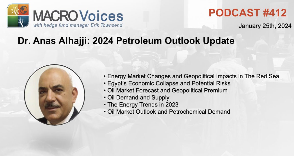 MacroVoices @ErikSTownsend & @PatrickCeresna welcome back Dr.@anasalhajji, for a fresh crude oil outlook for 2024. Erik & Anas will discuss, crude oil prices, the oil market outlook, geopolitical premiums and much more. bit.ly/3Ogl3gT