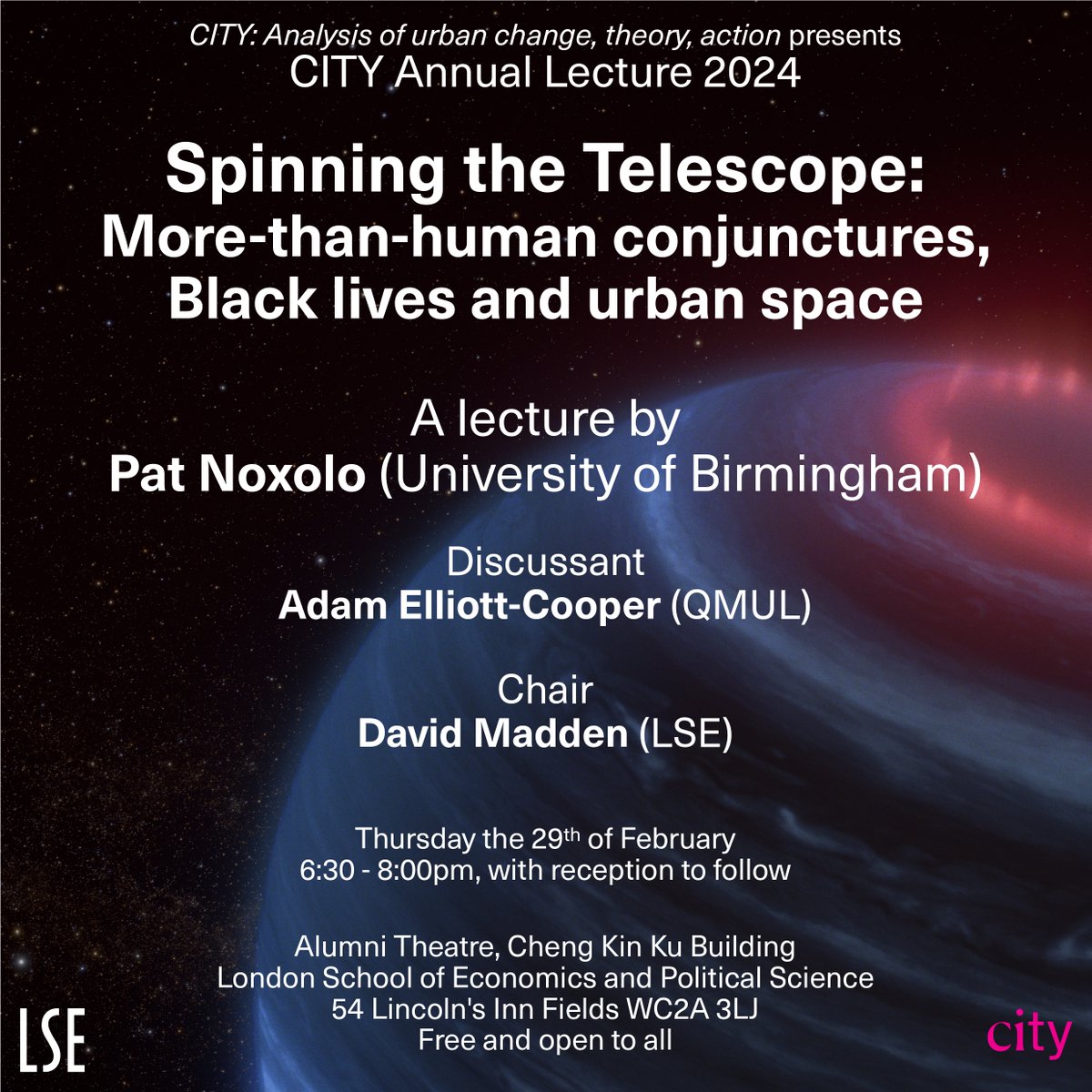David Madden (@davidjmadden) on Twitter photo .@patnoxolo will give the <a href="/CITYanalysis/">CITY</a> annual lecture at LSE on Thursday the 29th of Feb: "Spinning the Telescope: More-than-human conjunctures, Black lives and urban space." <a href="/adamec87/">Adam Elliott-Cooper</a> will be the discussant. It should be an amazing event! Register here: eventbrite.co.uk/e/city-annual-… .@patnoxolo will give the <a href="/CITYanalysis/">CITY</a> annual lecture at LSE on Thursday the 29th of Feb: "Spinning the Telescope: More-than-human conjunctures, Black lives and urban space." <a href="/adamec87/">Adam Elliott-Cooper</a> will be the discussant. It should be an amazing event! Register here: eventbrite.co.uk/e/city-annual-…