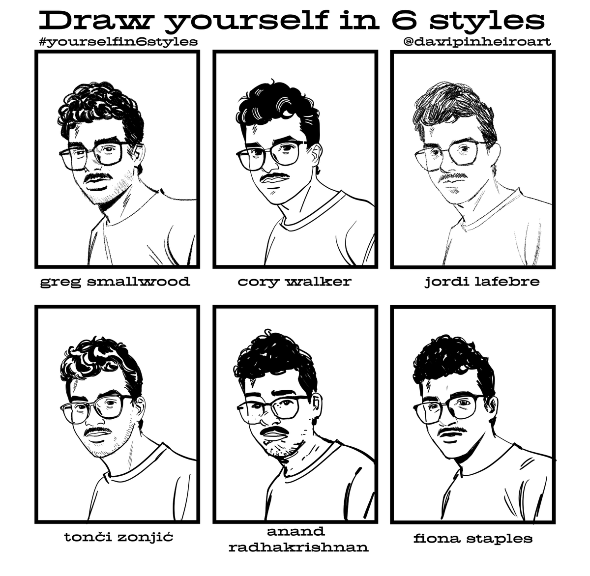 Decidi reviver uma trend de um tempin atrás que eu gostei mt, de se desenhar em estilos de outros artistas. Quem for fazer tbm usa #yourselfin6styles e me marca se quiser :) Fiz minhas imitações do @SavageSmallwood Cory Walker @jordilafebre @tozozozo @an_anandrk e Fiona Staples