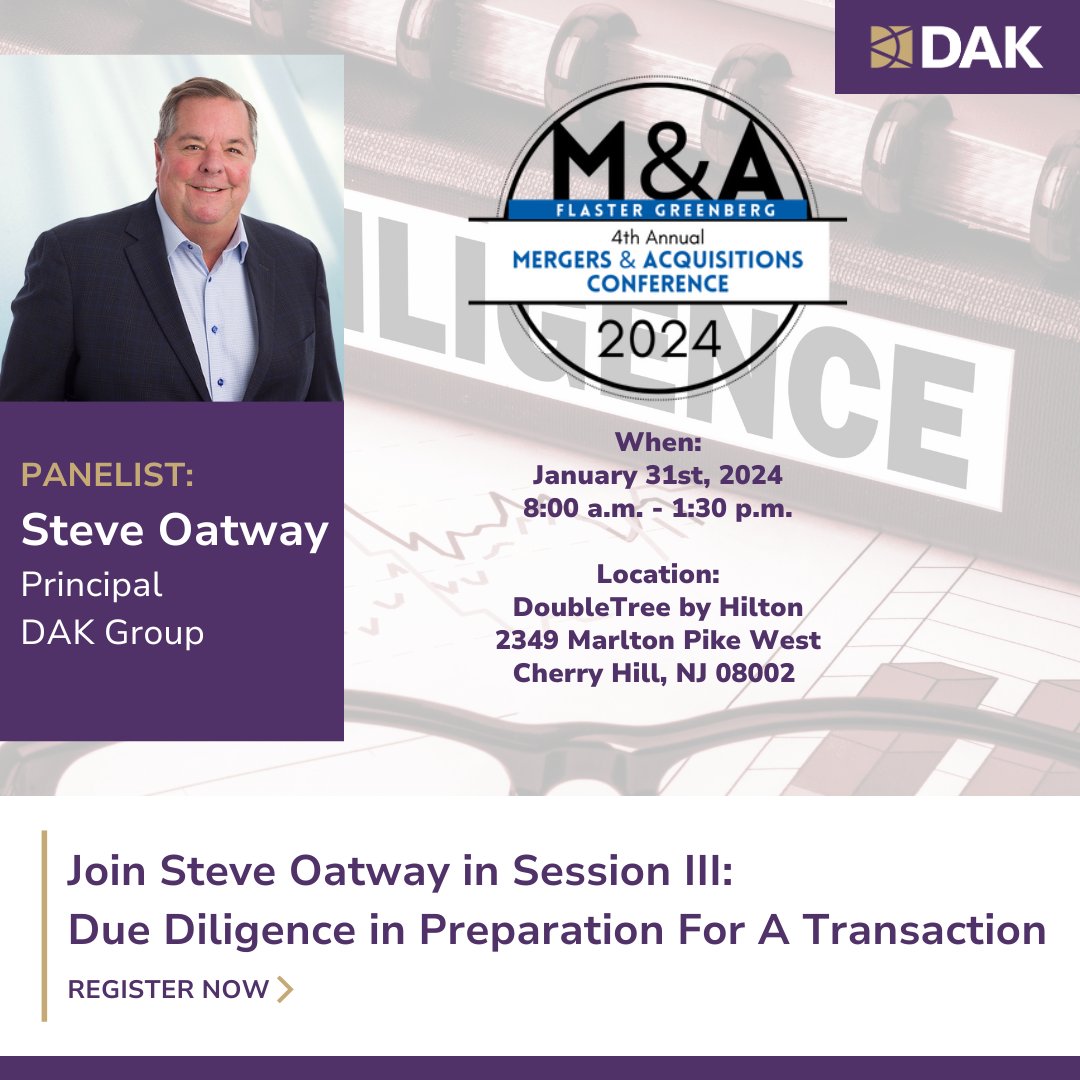 TheDAKGroup's tweet photo. DAK’s Principal Steve Oatway will discuss the financial, operational, and legal cleanup, multi-state sales tax issues, among other topics relevant to the prep. of a transaction on Jan 31st at Flaster Greenberg PC's 4th Annual M&amp;A Conference. Register now
https://t.co/UzNKwMyLp0 https://t.co/DtK2klxp9v