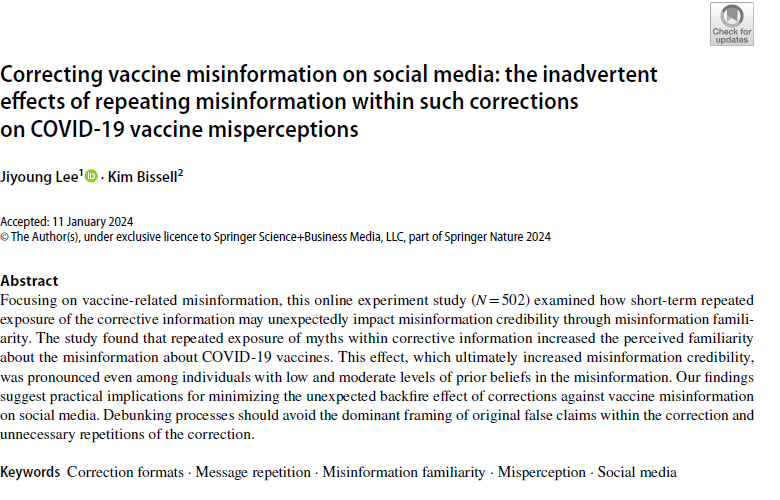 🚨 New Research Alert! After a long journey, our research with @Iciralabama is out! 📚
Key findings: 
✅Repeated exposure to myths within corrections increased perceived familiarity.✅This effect heightened misinformation credibility, even among those with low prior beliefs.