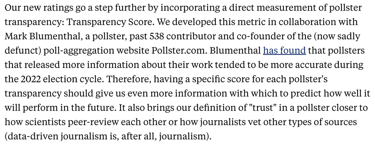 Back here for a minute to say I'm feeling very proud and appreciative that @gelliottmorris incorporated a Transparency Score, based on my research presented at AAPOR 2023, into @FiveThirtyEight's newly updated Pollster Ratings, out today: