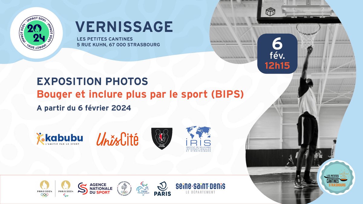 📢📸 Mardi 6 février 2024, à 12h15, dans le cadre du projet Impact 2024 @Paris2024, l’IRIS, @kabubu_org, @OvaleCitoyen et @uniscite, vous invitent au vernissage strasbourgeois de l’exposition :

🏀🥊Bouger et inclure plus par le sport

📋INSCRIPTION⬇️
cutt.ly/1wLLtTwZ