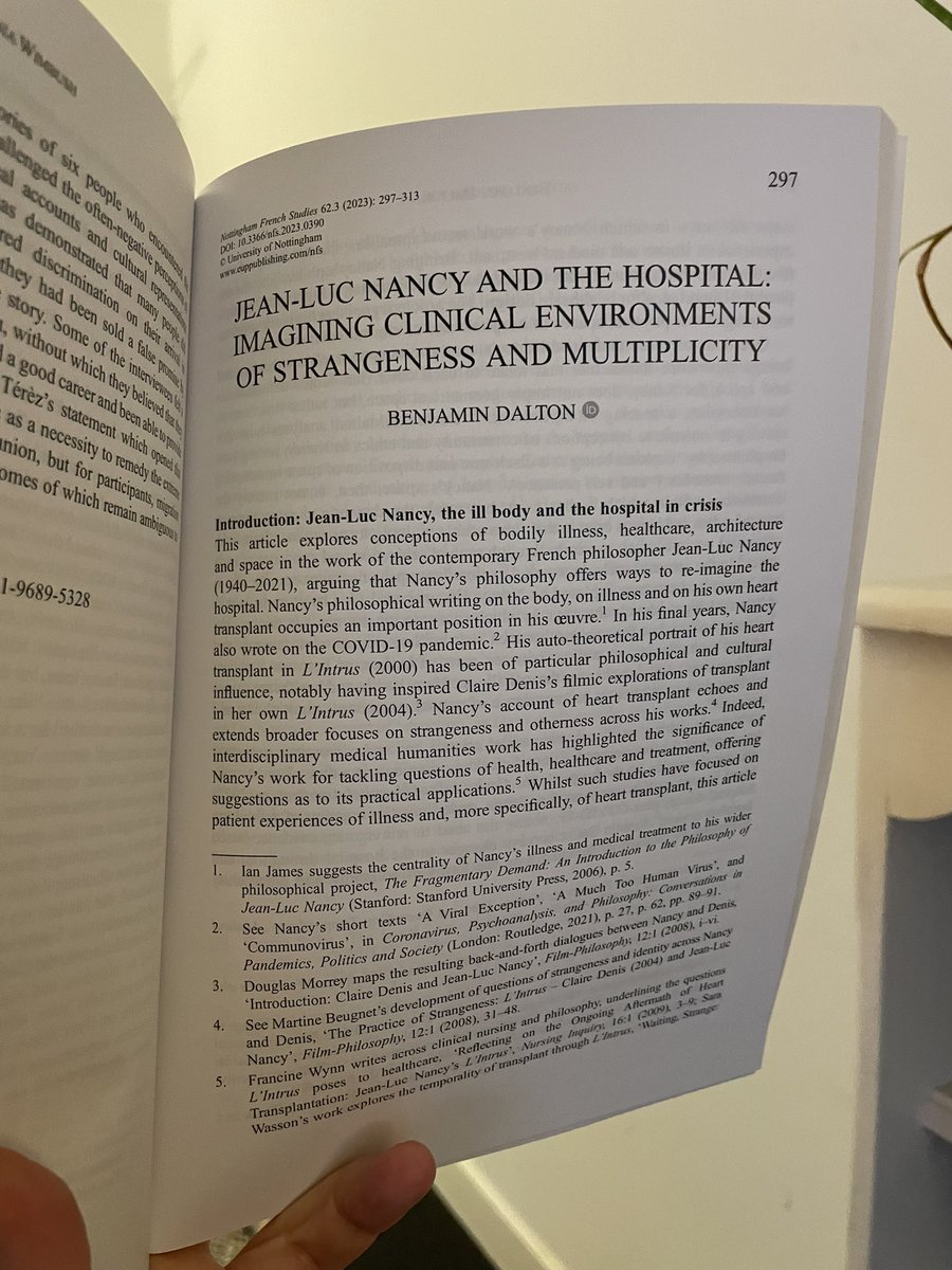 Great to see this Special Issue of <a href="/nfs_journal/">NFS Journal (Nottingham French Studies)</a> out in physical form, edited by the brilliant <a href="/DrHannahScott/">Hannah Scott</a> and @jrillingworth. Honored to have my article “Jean-Luc Nancy and the Hospital: Imagining Clinical Environments of Strangeness and Multiplicity” in this Issue 🏥