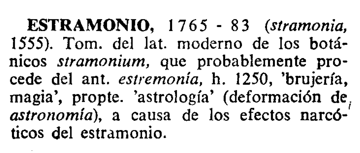 moises_barcia's tweet image. Coñecéde-la palabra "estremonía"? No Morrazo úsase moito. Significa 'travesura', e a súa orixe está na deformación de "astronomía" co significado de 'astroloxía', 'bruxaría' ou 'maxia'. Dela deriva o nome do estramonio, que causa efectos similares ós da bruxaría.