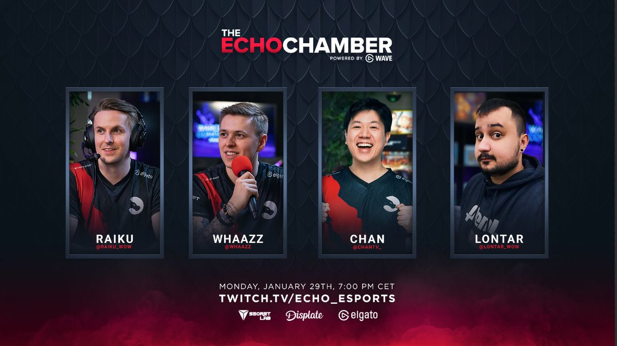 Next on The Echo Chamber, we'll be talking all things AWC with <a href="/Raiku_Wow/">Raiku</a>, <a href="/Whaazz/">Whaazz</a>, <a href="/ChanTV_/">Chan</a> and <a href="/Lontar_wow/">Lontar</a>! 🔥

With the competition approaching, we'll be getting all the deets from the pros on January 29th at 7pm CET. 📅

Powered by <a href="/elgato/">Elgato</a> Wave 🎙️ at: twitch.tv/echo_esports