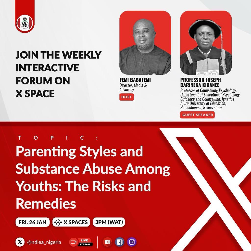 Hamix37's tweet photo. Join us tomorrow Friday at 3pm for an educative X Space conversation; “Parenting styles and substance abuse among youths. The risk and remedies. 
Don't miss this enlightening discussion. 

#NoGreeForDrugs
#NDLEASpaces https://t.co/TylgNO7oH8