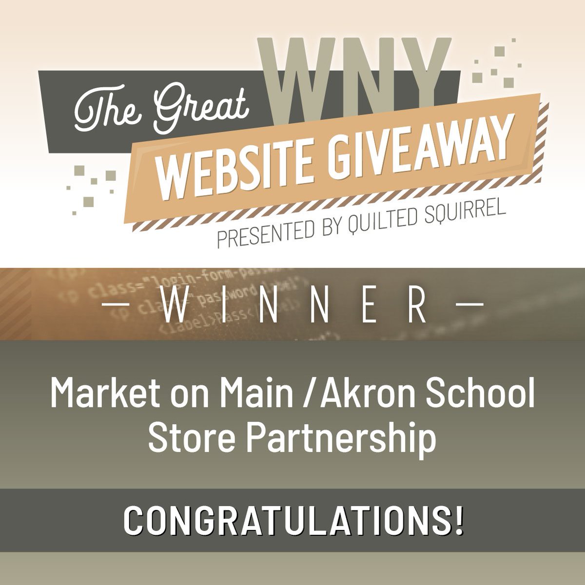 SquirrelQuilted's tweet photo. Over 4,000 votes were cast. And our winner received over 2,800 of them! Congratulations to Akron Market on Main / Akron High School Store for winning of the first annual Great WNY Website Giveaway! Thanks to all who participated, voted, or offered silent moral support. https://t.co/nf5RWCn8Bi