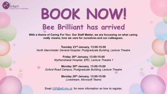 Bee Brilliant is live at @WythenshaweHosp tomorrow! If you haven’t managed to reserve a seat, please arrive at the ERC Lecture Theatre 1 before 1pm to secure an unreserved seat. With an afternoon full of surprises, it’s going to Bee Brilliant! #BeeBrilliant 🐝