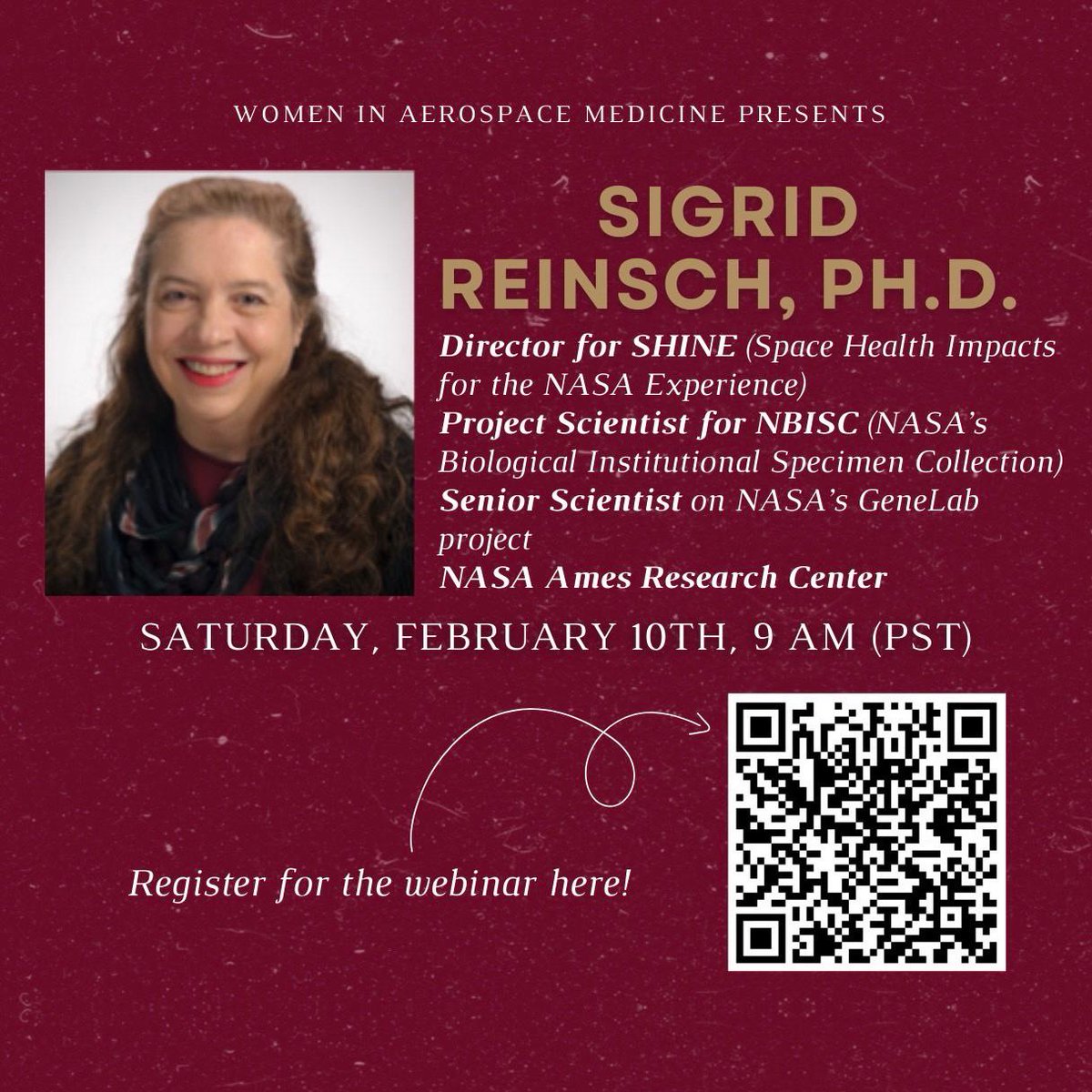 Sheyna Gifford, masked, vaccinated, doctoring (@humansareawesme) on Twitter photo Dr. Reinsch from NASA will be joining <a href="/WomxnAeroMed/">Womxn in Aerospace Medicine</a> for a talk about how to get involved in #space #science on Saturday Feb 10, noon Central! Register at the QR code below or here: us06web.zoom.us/meeting/regist…
#MedTwitter #WomenEmpowerment #womeninscience Dr. Reinsch from NASA will be joining <a href="/WomxnAeroMed/">Womxn in Aerospace Medicine</a> for a talk about how to get involved in #space #science on Saturday Feb 10, noon Central! Register at the QR code below or here: us06web.zoom.us/meeting/regist…
#MedTwitter #WomenEmpowerment #womeninscience