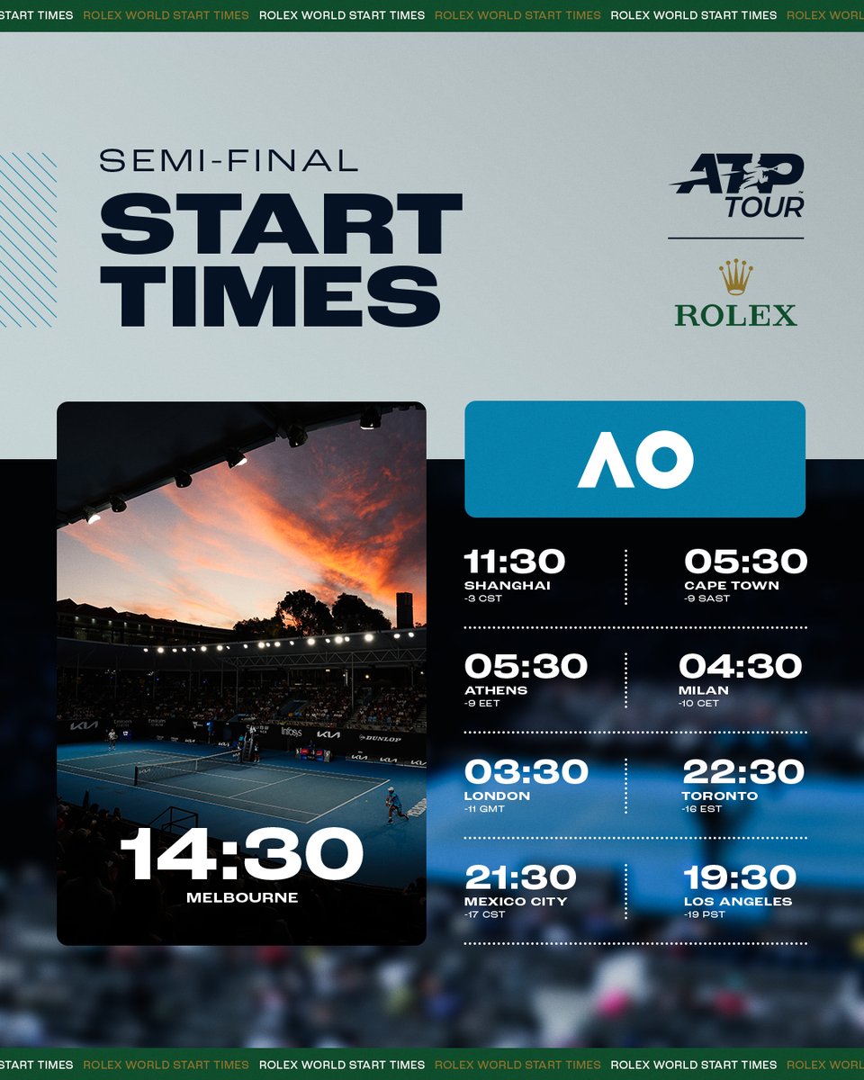 atptour's tweet photo. Don't forget to set your alarm 👀 

Where will you be watching the semi-finals from? 

@ROLEX | #StartTime | #partner https://t.co/3ybS9TdfkQ