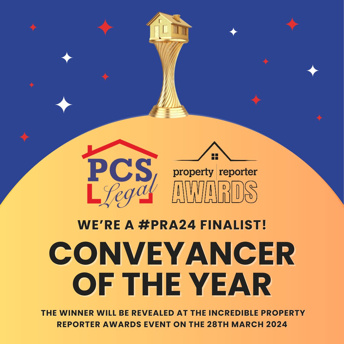 We're very proud to be a #PRA24 finalist at this year's Property Reporter Awards! 🎉

The winner of Conveyancer of the Year will be announced at the London event on the 28th March! 🏆

@propertyr

#award #awards #PCSLegal #conveyancer #conveyancing #property #ukproperty #lawfirm