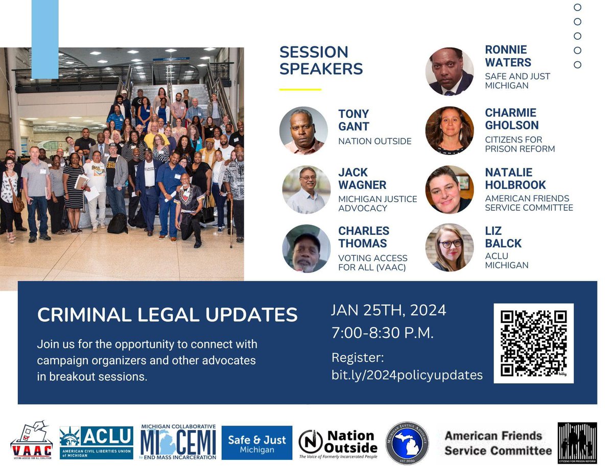 Join our friends TONIGHT @ 7:00 p.m. for updates on proposed criminal legal reforms for 2024! Register here: Bit.ly/2024policyupda… @mi_cemi @MIJustadvocacy @AccessVoting @safeandjustmi @micpr_org @AFSCMICJProgram @ACLUofMichigan