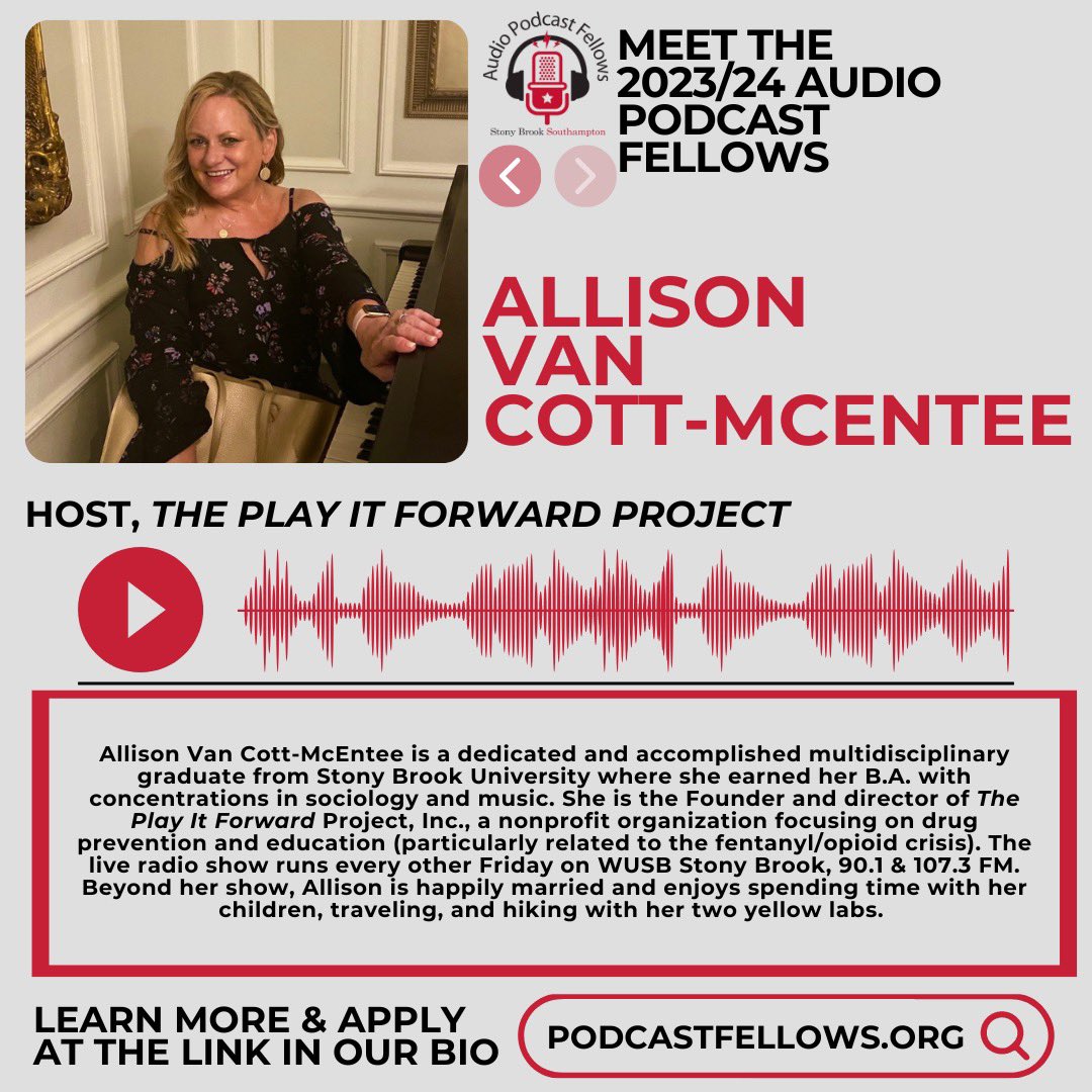 We are excited to introduce you to another member of our 2023/24 cohort: <a href="/allyvc66/">ThePlayItFwdProject</a> 

Allison is the founder and director of #ThePlayItForwardProject — a biweekly live radio show focused on drug education and prevention. The show runs every other Friday on <a href="/wusbradio/">WUSB Radio</a> !