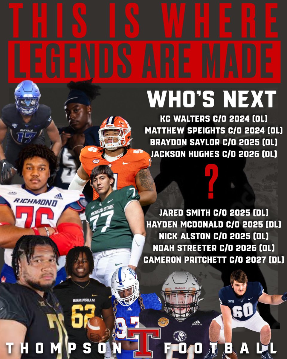 🏆LEGENDARY OFFENSIVE & DEFENSIVE LINEMEN🏆 Who will be the next OL & DL legend from Thompson High School? Past legends have been lineman of the year winners,Under Armour All Americans, Max Preps POY winner & won multiple state championships,Contact @coach_fuqua 4 recruiting info