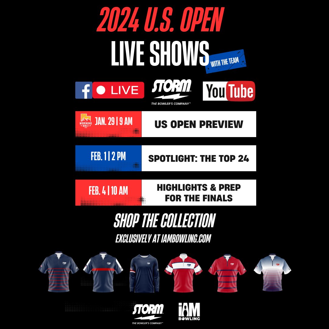 We've got special LIVE shows scheduled for the 2024 US Open. Catch us live on Facebook and Youtube Jan 29, Feb 1 & Feb 4 for our US Open coverage. Shop our Storm USA Collection: iambowling.com/bowling-jersey…