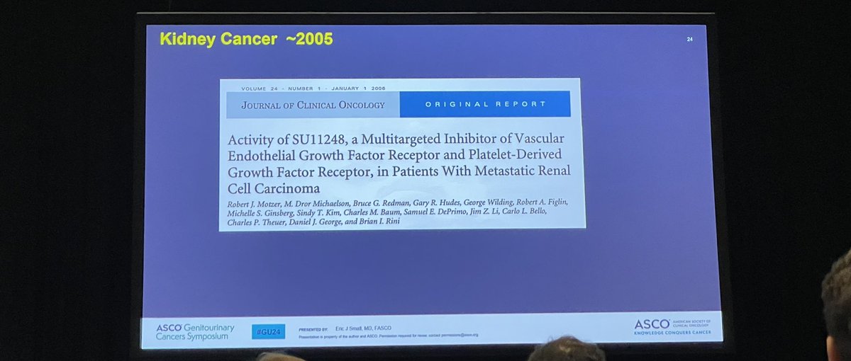 TiansterZhang's tweet photo. #EricSmall @ASCOPres -elect highlights the history of the #GUsymposium meeting, pays homage to GU giant #NickVogelzang. Developmental therapies & state of science in 2005 โ what a long way we have come in 20 yrs & more to come! @OncoAlert @ASCO #GU24 https://t.co/a5qboEauJe