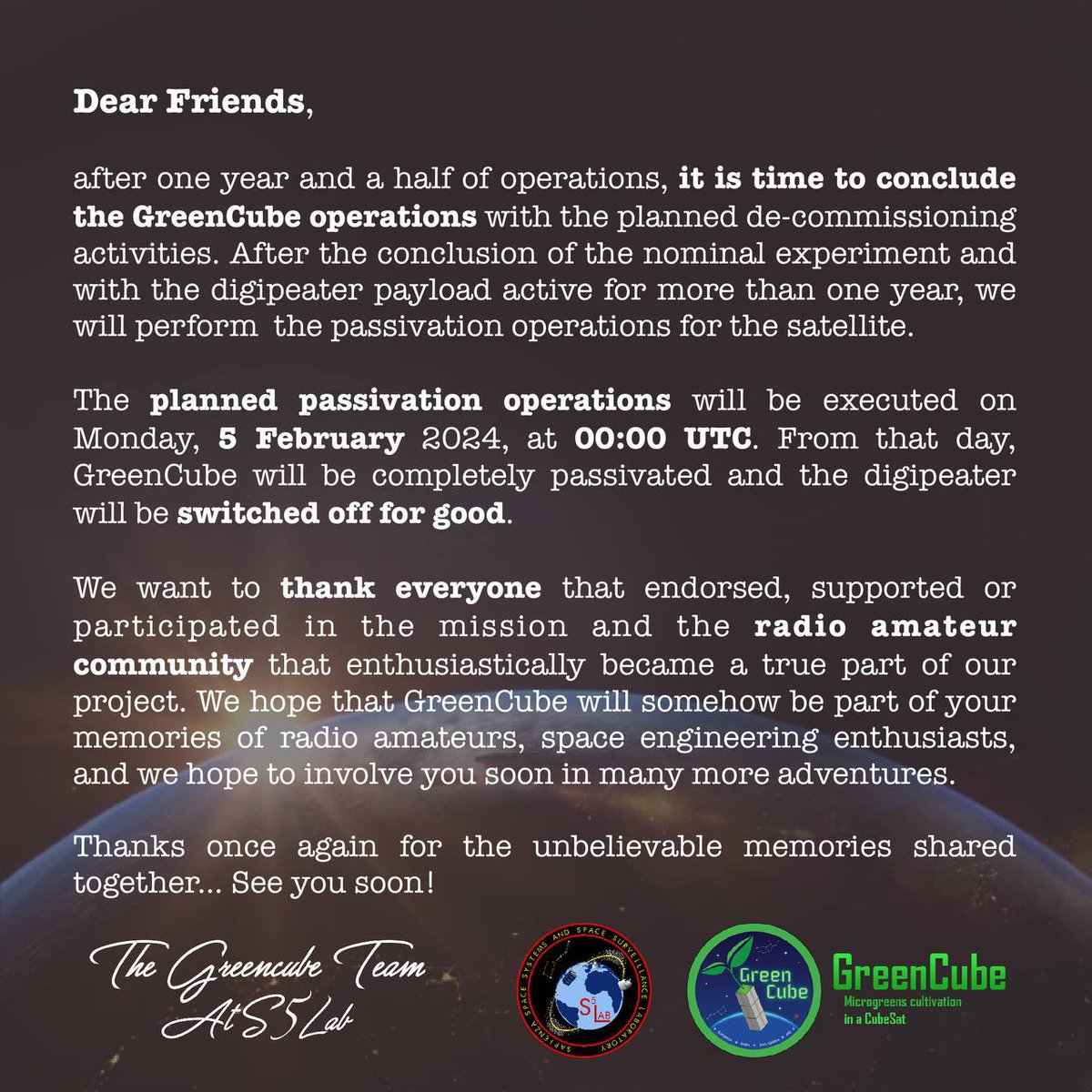 The GreenCube planned passivation will be executed on 5 Feb at 00.00UTC. Thanks to everyone that made this mission special ♥️