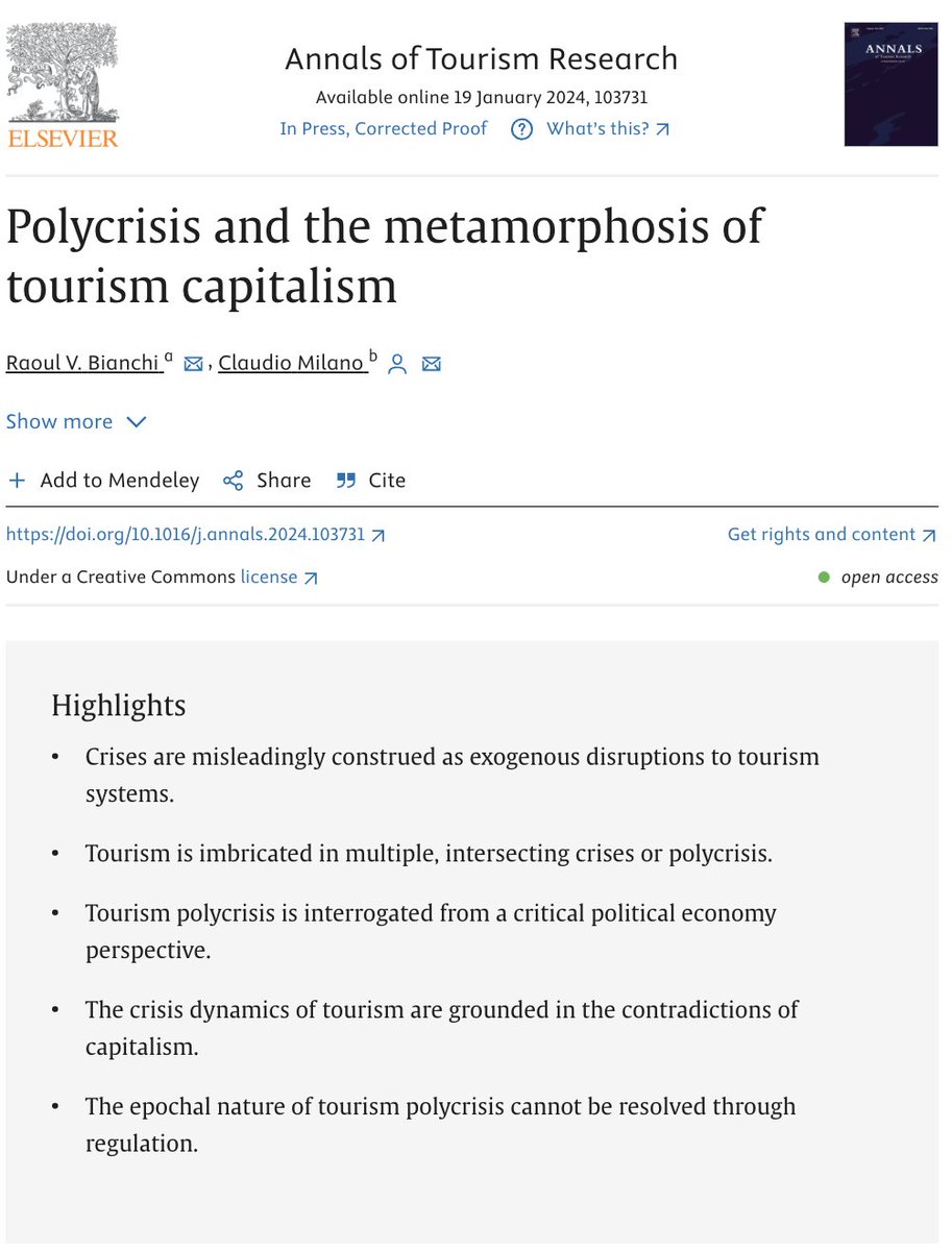 Hot off press! 📚
Thrilled to share our latest publication with #RaoulBianchi to be published as part of the 50th anniversary special issue of <a href="/AnnTourRes/">Annals of Tourism Research journals</a>. The paper responds to recent experiences of accelerating, interwoven crises, or polycrisis to analyse 🧵👇(1)