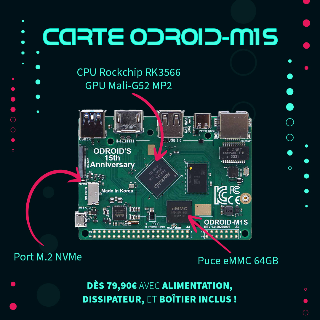 🆕 Nouvelle carte ODROID-M1S 🆕 😱 Découvrez la première carte ODROID avec eMMC soudée au PCB ! 🚀 Versions 4 et 8 GB RAM, broches GPIO soudées en option 📦 Livrée avec alimentation, dissipateur et boîtier ✅ DISPONIBLE 👉 kubii.com/fr/4163-1891-o…