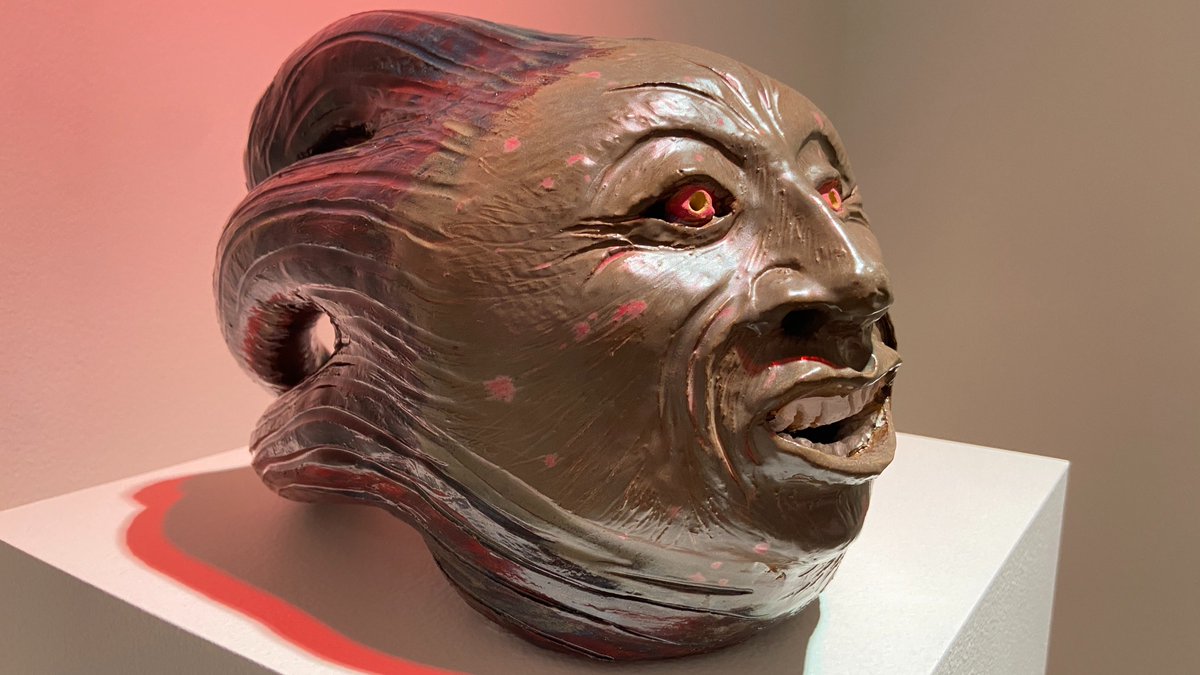 “Dagwanoenyent” by Peter B. Jones depicts the Haudenosaunee myth of the cannibal flying head, connecting that spirit’s ravenous appetites to the ongoing epidemic of Missing and Murdered Indigenous Women.
Jones’ new exhibit "O-bit-u-ary" is on view now in the Institute galleries.