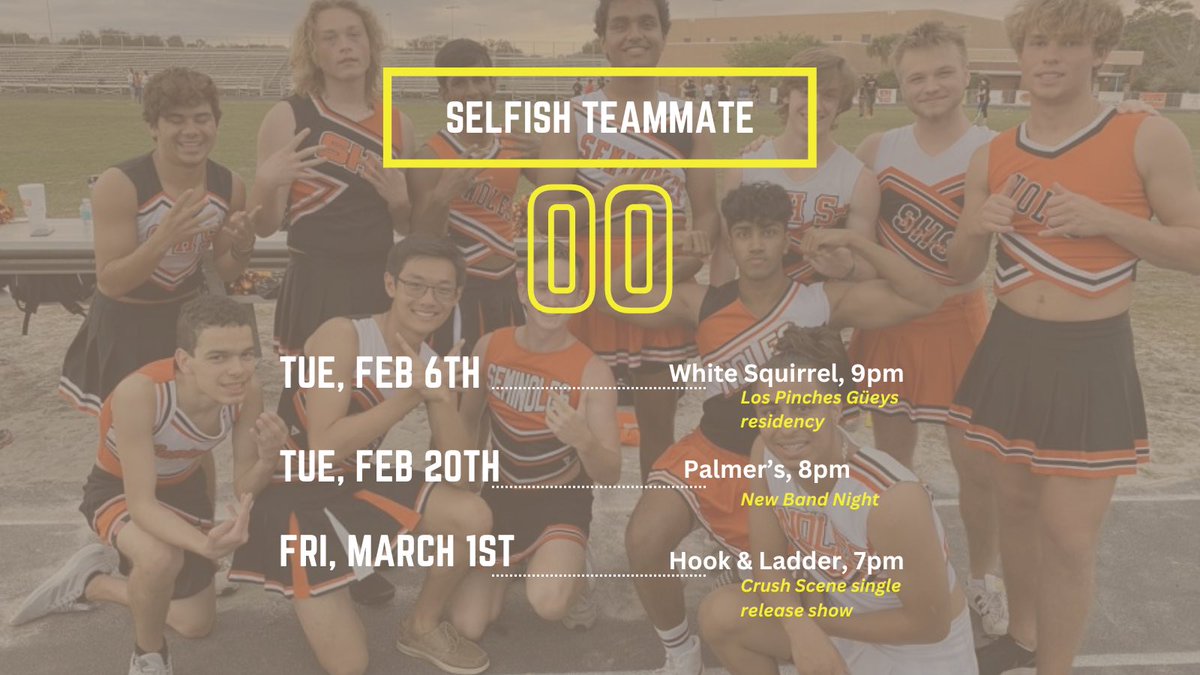 re-downloaded this app to share these upcoming gigs for my new band, Selfish Teammate ☄️ 

Daniel of <a href="/riversinclaire/">river sinclaire</a> will be ripping on guitar. And 2/6 @ White Squirrel is FREE!

be there or miss out on the beginning of something beautiful