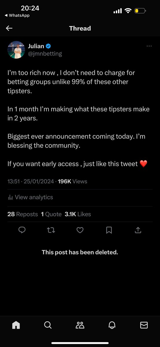 JulianMKD's tweet image. My post has legit been randomly removed. I did not delete it. 

Like I said I don’t need to charge for betting groups unlike 99% of these other tipsters. 

Biggest ever announcement is coming at 5:30 PM UK TIME. 

If you want early access, like this tweet ❤️