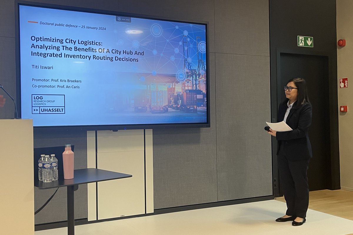BEW_UHasselt's tweet photo. ๐Thrilled to share that Titi Iswari has successfully defended her #PhD titled "Optimizing City Logistics: Analyzing the Benefits of a City Hub and Integrated Inventory Routing Decisions." ๐๐ Congratulations dr. Iswari for reaching this incredible milestone!๐ #uhasselt #facbew https://t.co/7vfWKNE9cT