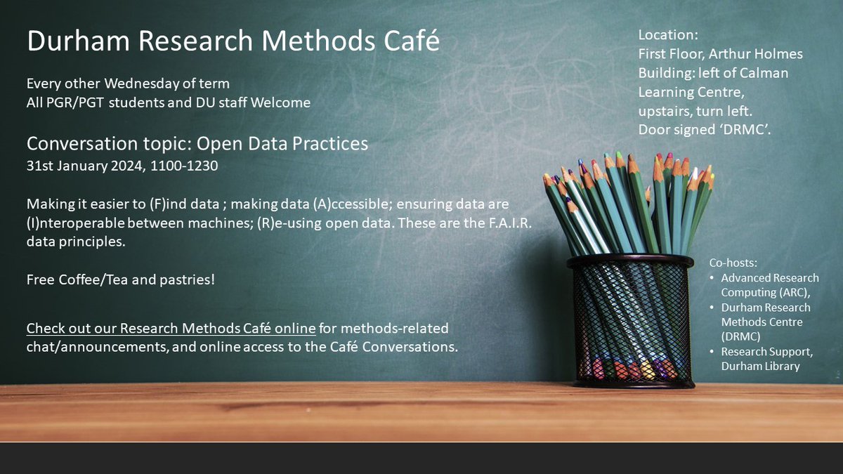 Durham Research Methods Café's next session will be running on Wednesday 31st January 2024 in person and online, 1100-1230. All PGR/PGT students and DU staff welcome. Conversation topic is 'Open Data Practices'.