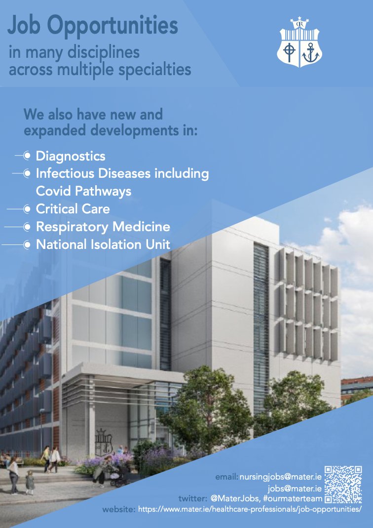 The #MaterHospital, leaders in the delivery of many regional and national specialist services, is hiring. @MaterJobs has opportunities available in many disciplines and across multiple specialities. Apply here: mater.ie/healthcare-pro… or email jobs@mater.ie