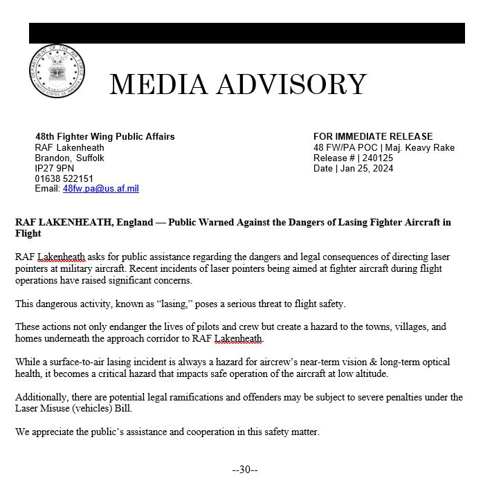 //For Immediate release// Public Warned Against the Dangers of Lasing Fighter Aircraft in Flight