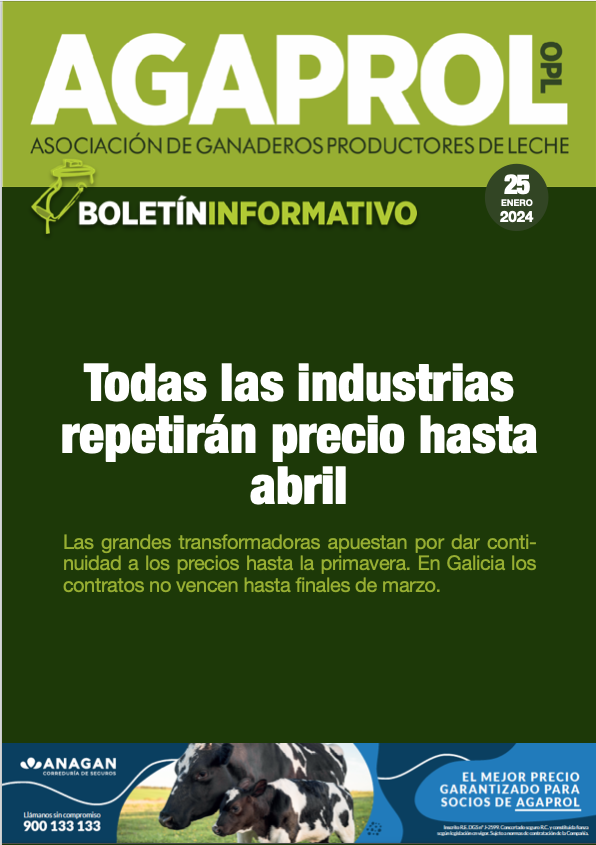 AgaprolOpl's tweet photo. BOLETÍN AGAPROL I 25 de enero
Las industrias lácteas repetirán precio hasta abril. Todo esto y mucho más en el Boletín Semanal de Agaprol OPL.
https://t.co/eZ0nnTfR7S
#boletinagaprol #SomosGanaderos #vacunodeleche #ENBA #agromuralla #planadevic #agrame #FEGA https://t.co/Ut5LU2tF2j
