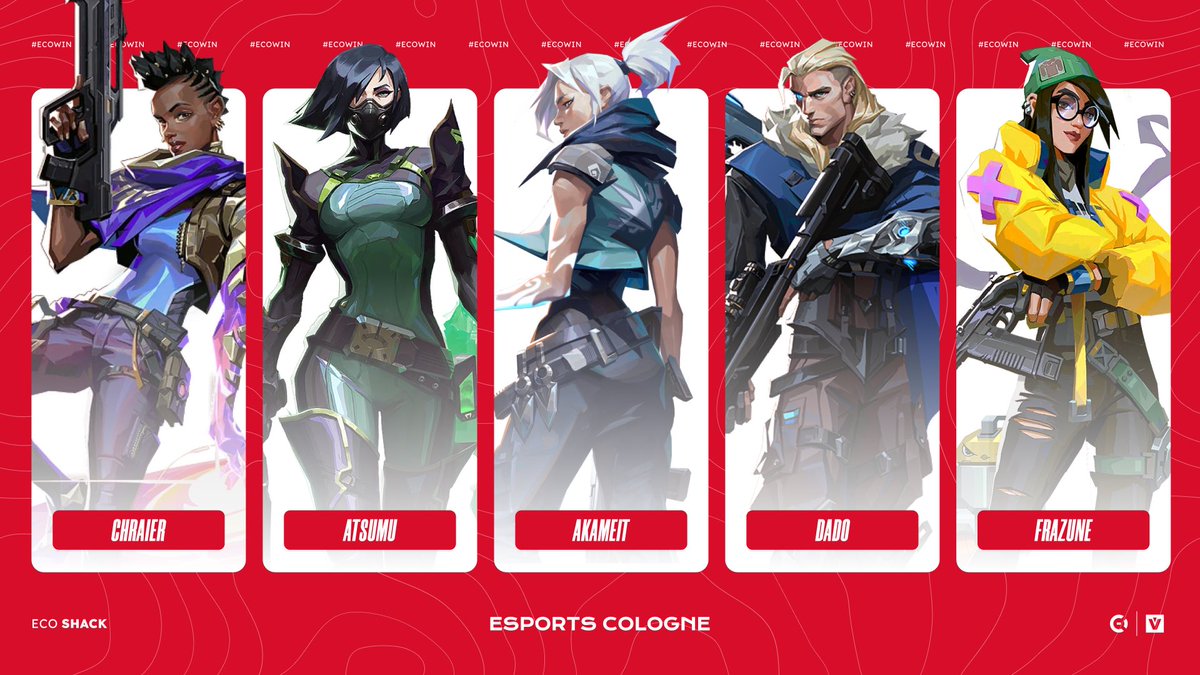 Es wird wieder Zeit für #VALORANT bei ECO! 🔫 

Umso mehr freuen wir uns, dass wir euch unser erstes Team für den kommenden <a href="/projectvgg/">PROJECT V</a> Split vorstellen können! 🤩

Begrüßt mit uns das neue ECO SHACK!
💫 <a href="/Chra1er/">chraier</a> 
☠️ <a href="/AtsumuVAL/">Atsumu</a> 
🗡️ <a href="/akameit/">akameit</a> 
👁️ <a href="/val_dado/">Dado</a> 
🤖 <a href="/frazune/">zuni𒉭</a> 

#ECOWIN